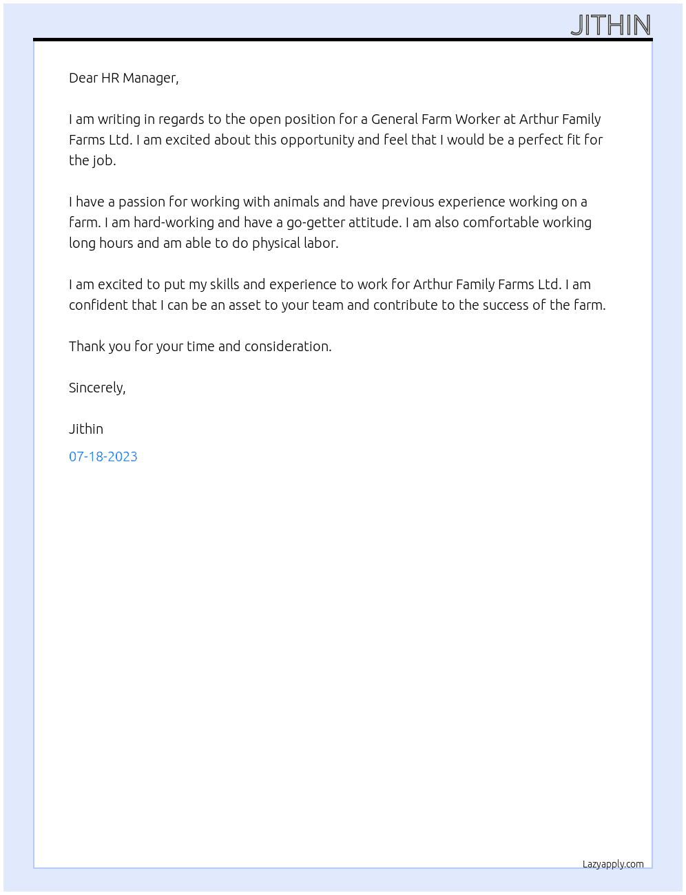 General Farm Worker  At Arthur Family Farms Ltd Cover Letter