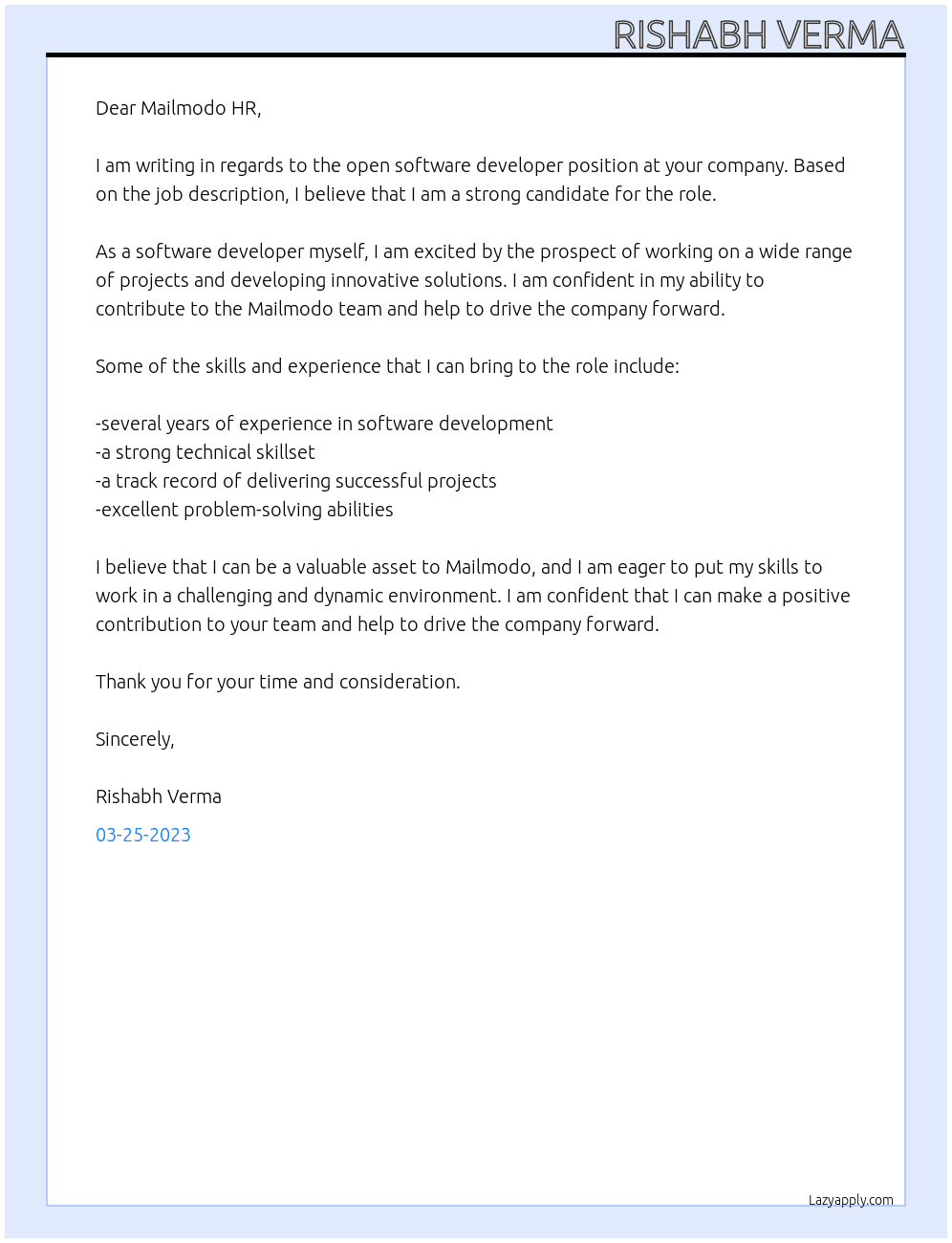 Software developer  At Mailmodo  Cover Letter