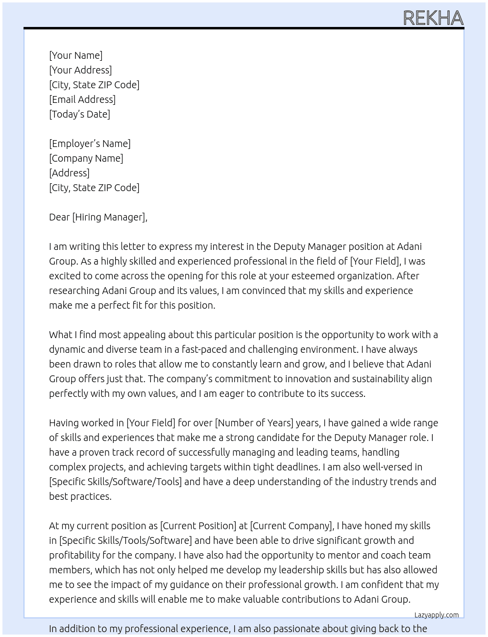 Deputy manager  At Adani group  Cover Letter