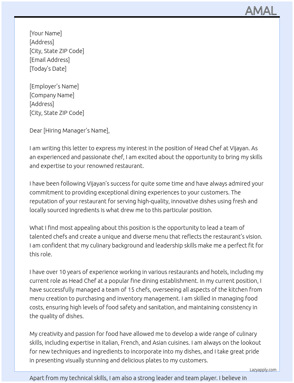 Head chef At Vijayan Cover Letter