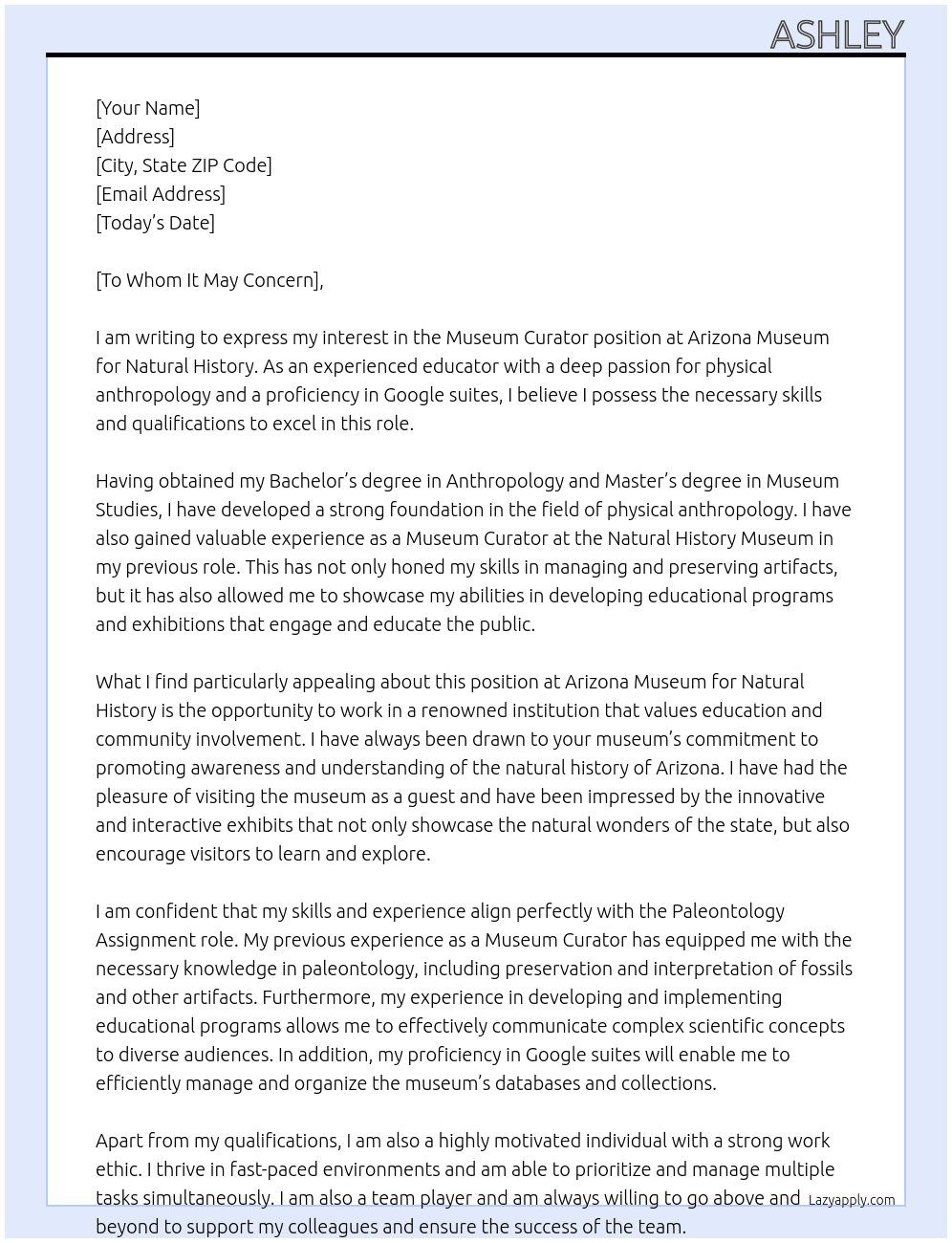 Museum Curator At Arizona Museum for Natural History Cover Letter
