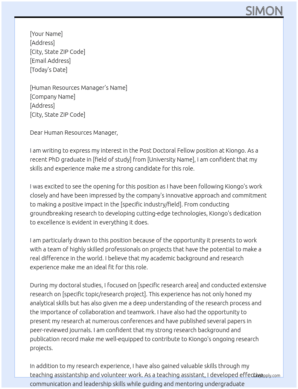Post doctoral fellow At Kiongo Cover Letter