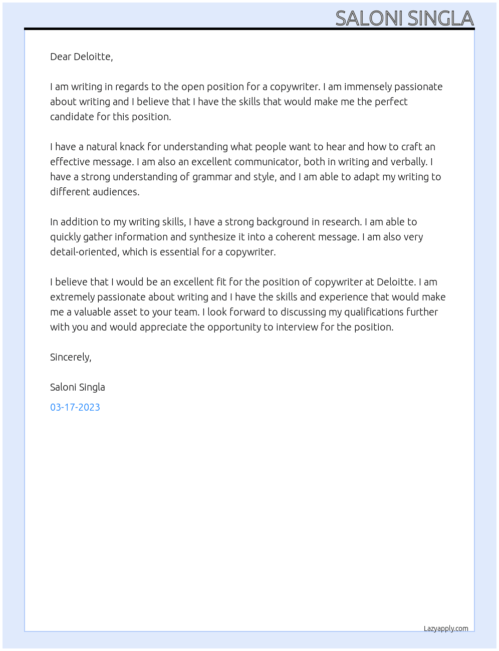 Copywriter  At Deloitte  Cover Letter