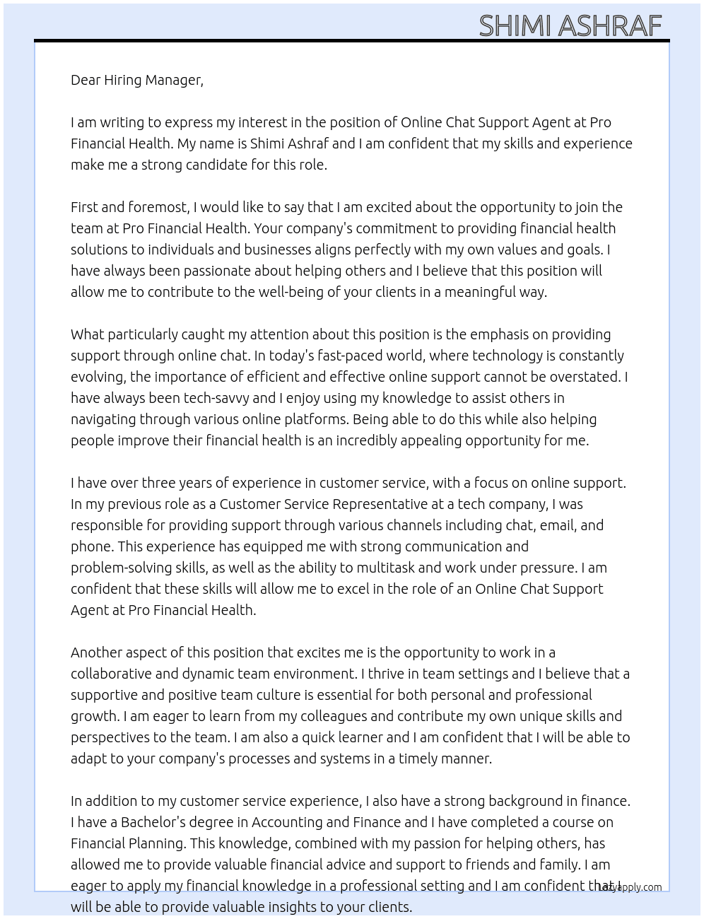 online chat support agent  At Pro Financial Health For Cover Letter