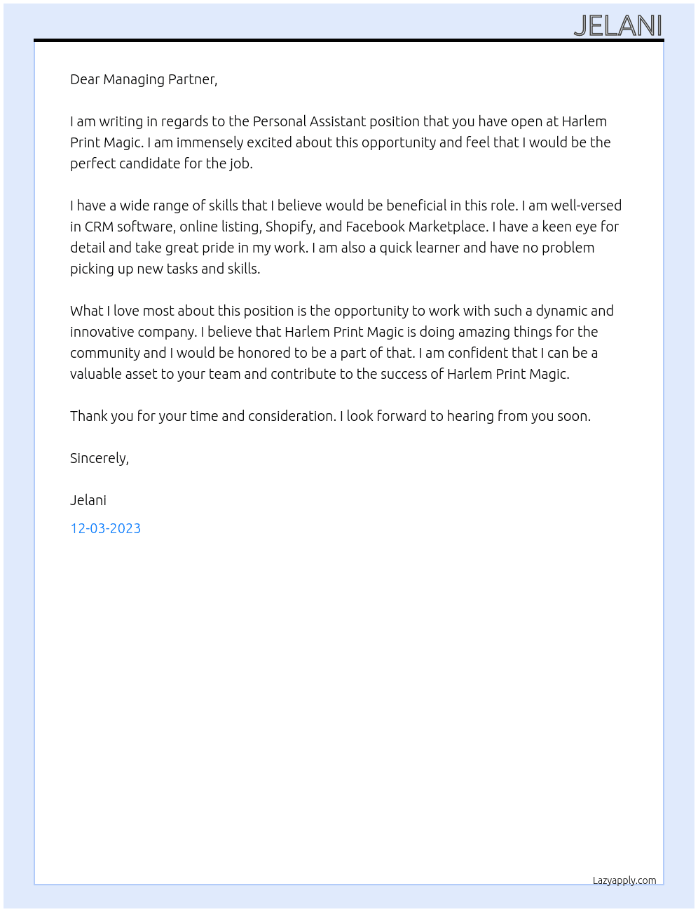 Personal Assistant At Harlem Print Magic Cover Letter