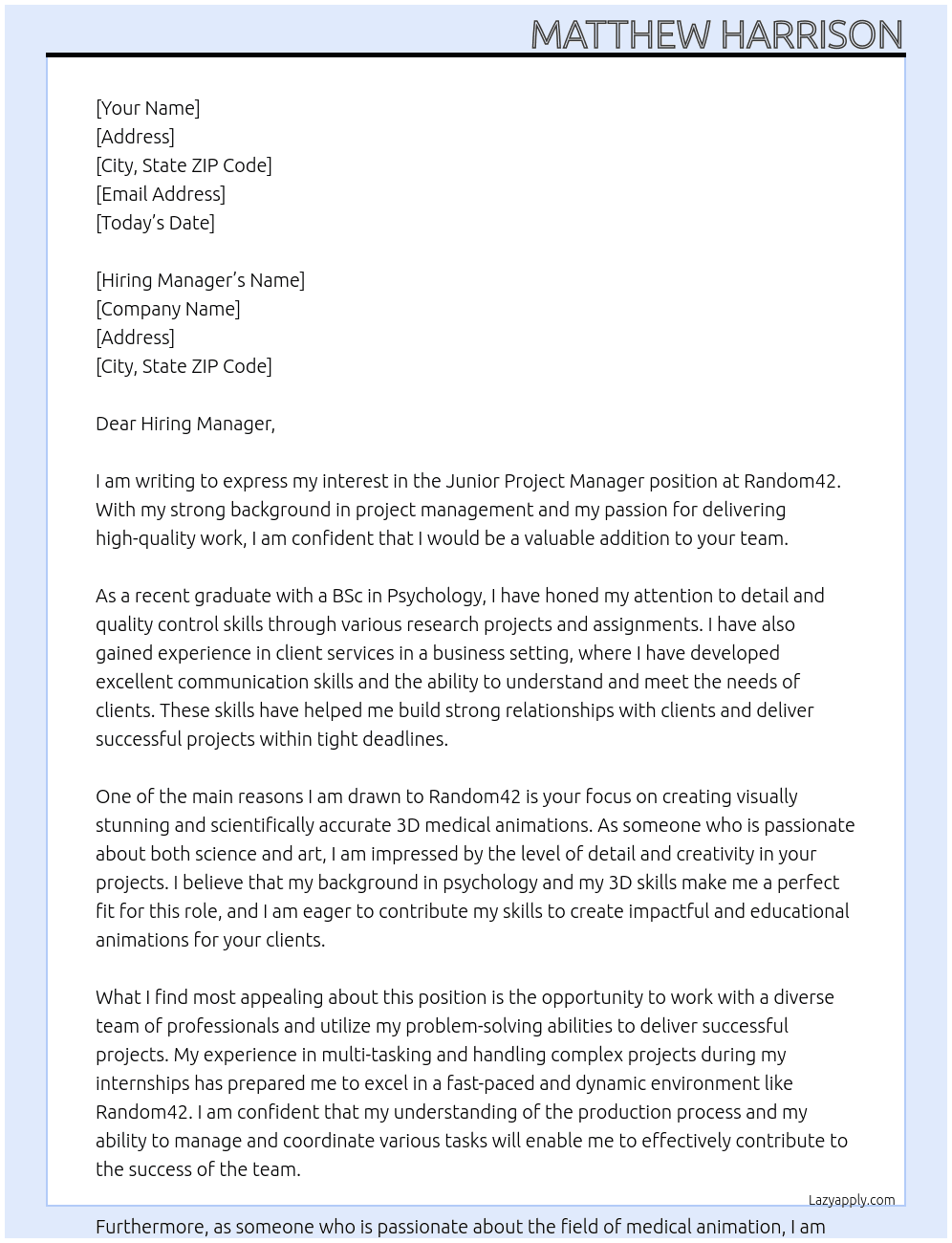 Junior Project Manager At Random42 Cover Letter