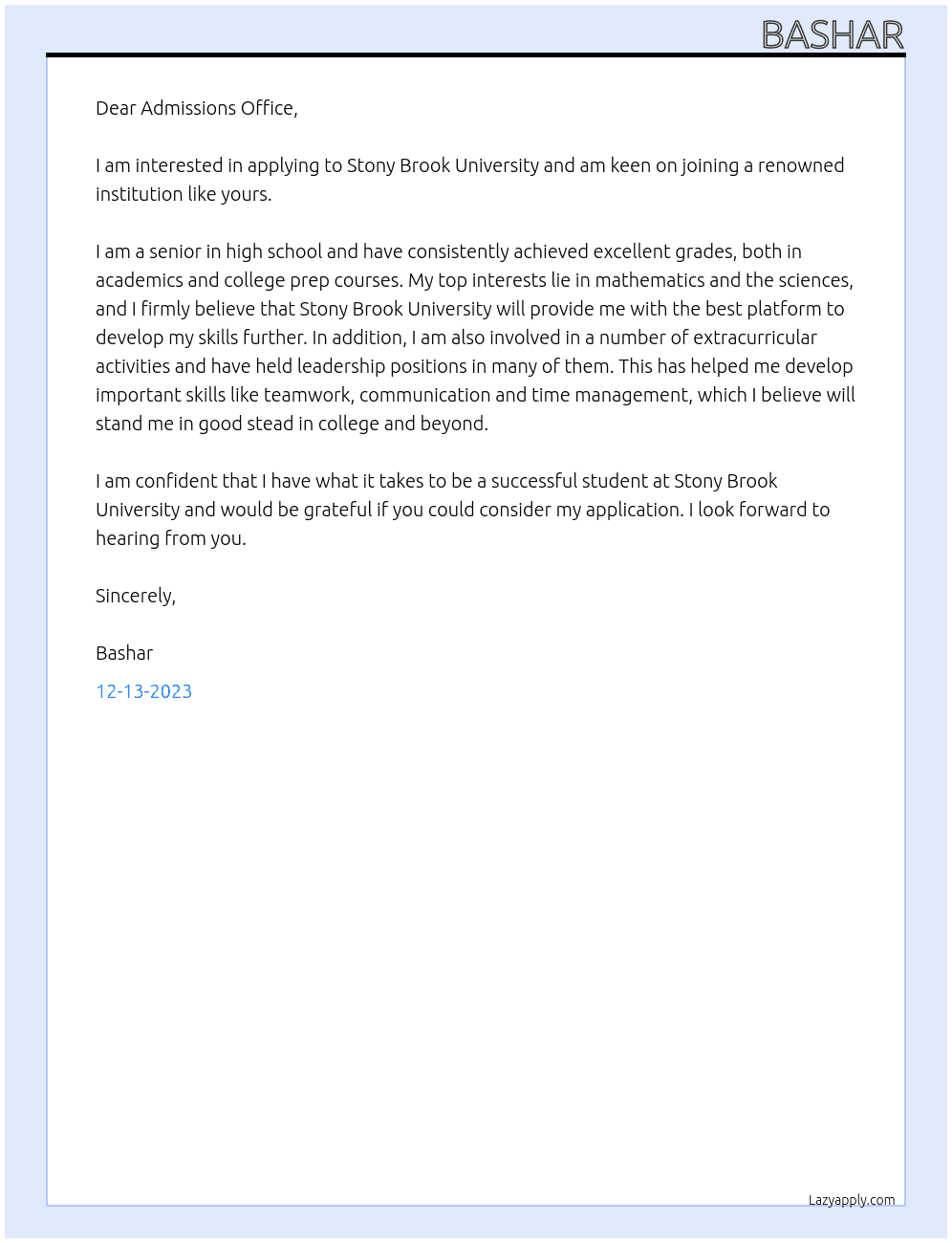 university application At Stony Brook University Cover Letter
