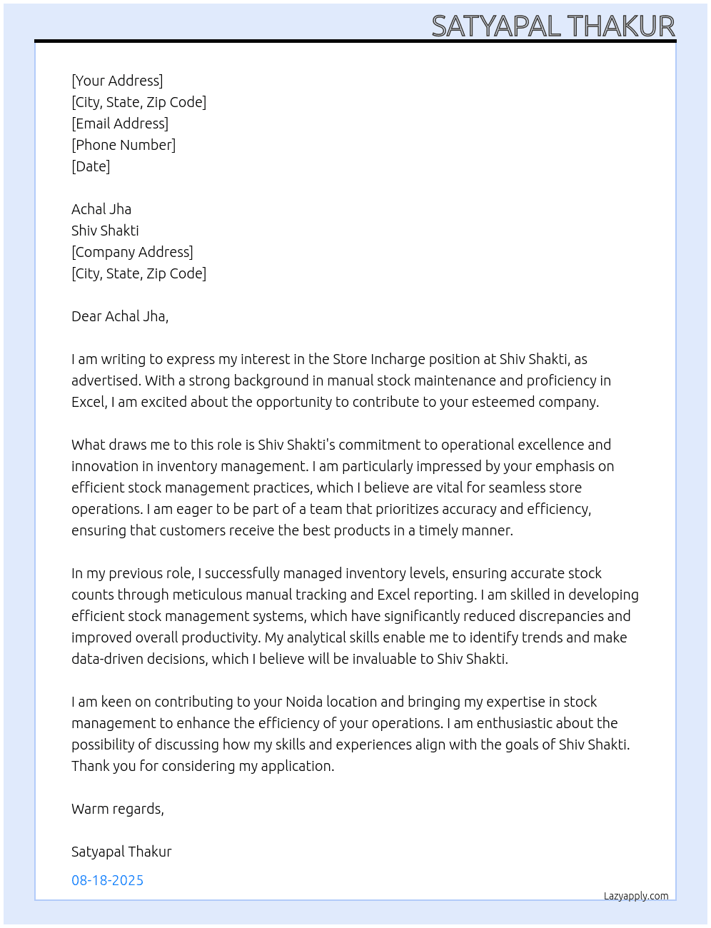store incharge At shiv shakti Cover Letter