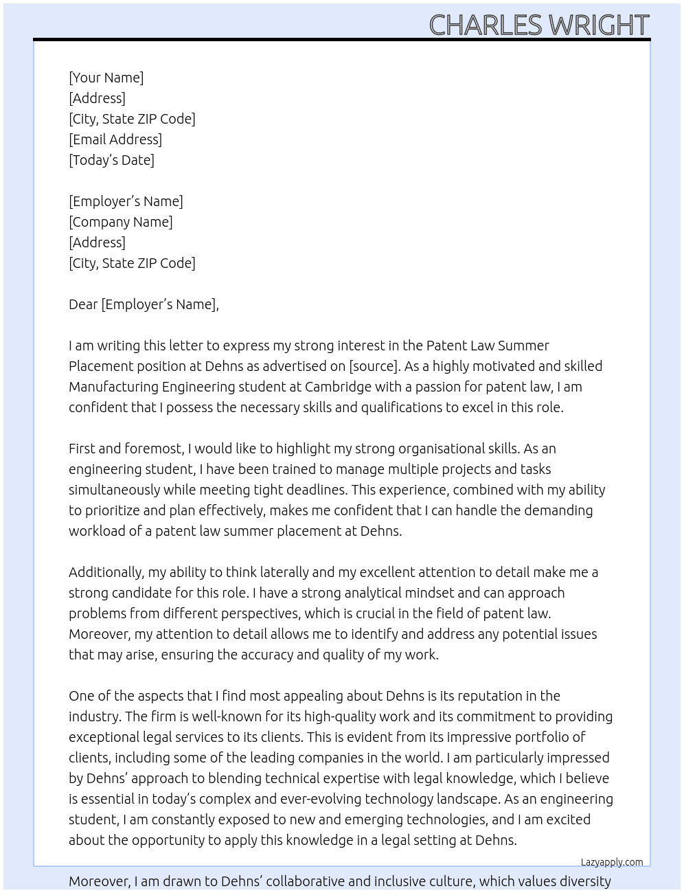 patent law summer placement At Dehns Cover Letter