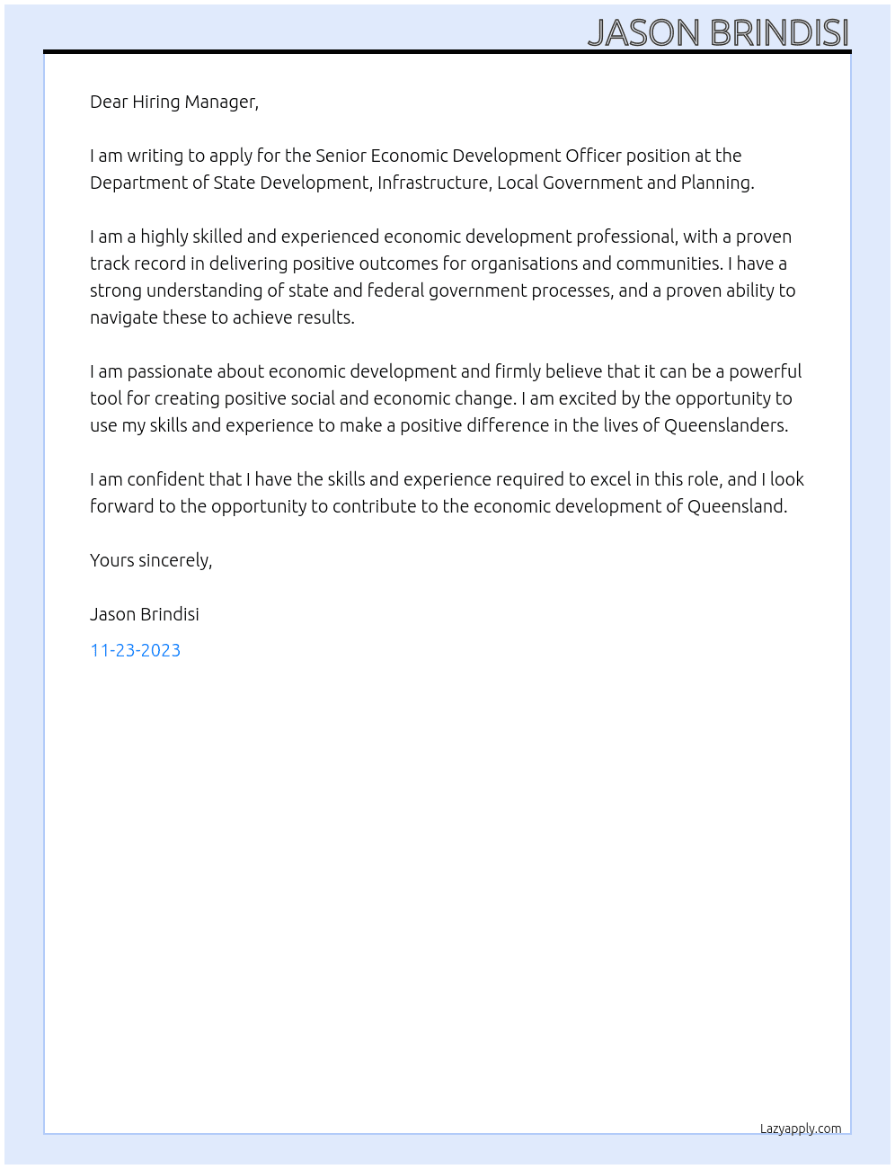 Senior Economic Development Officer At Department of State Development, Infrastructure, Local Government and Planning Cover Letter