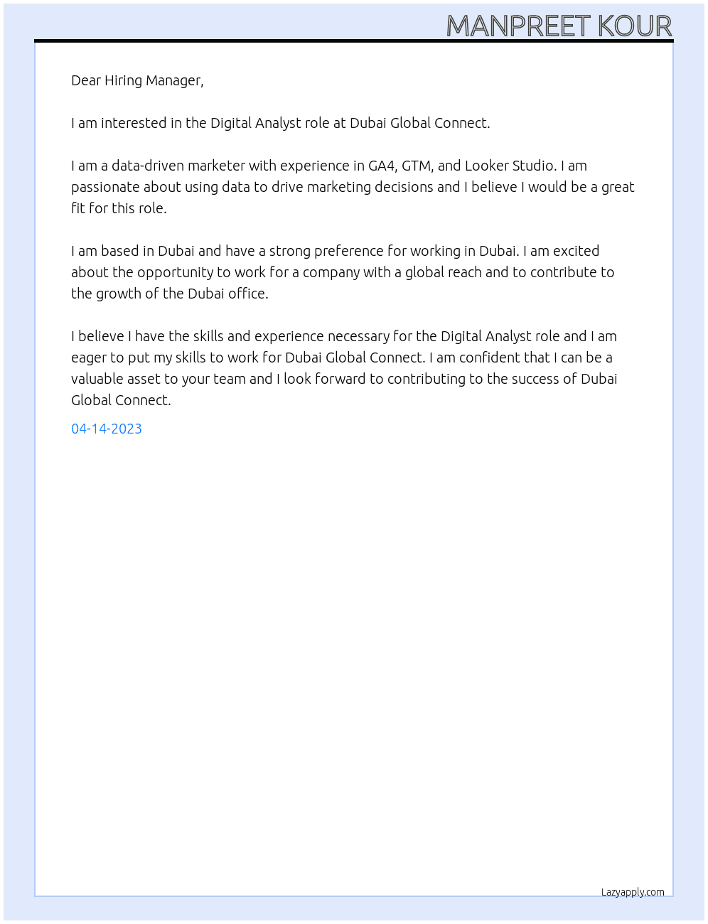 Digital Analyst  At Dubai Global Connect Cover Letter