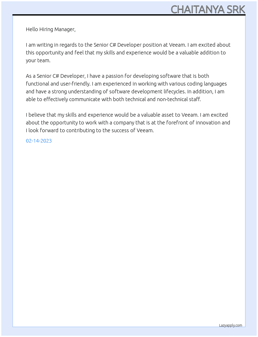 Senior C# Developer At Veeam Cover Letter