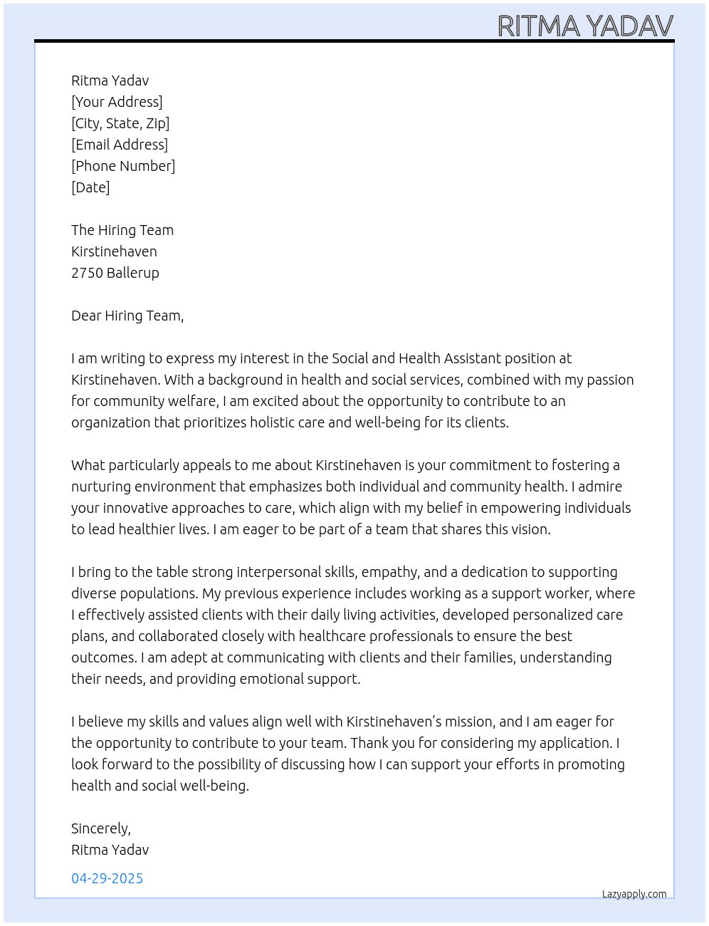Cover letter for social and health assistant - LazyApply