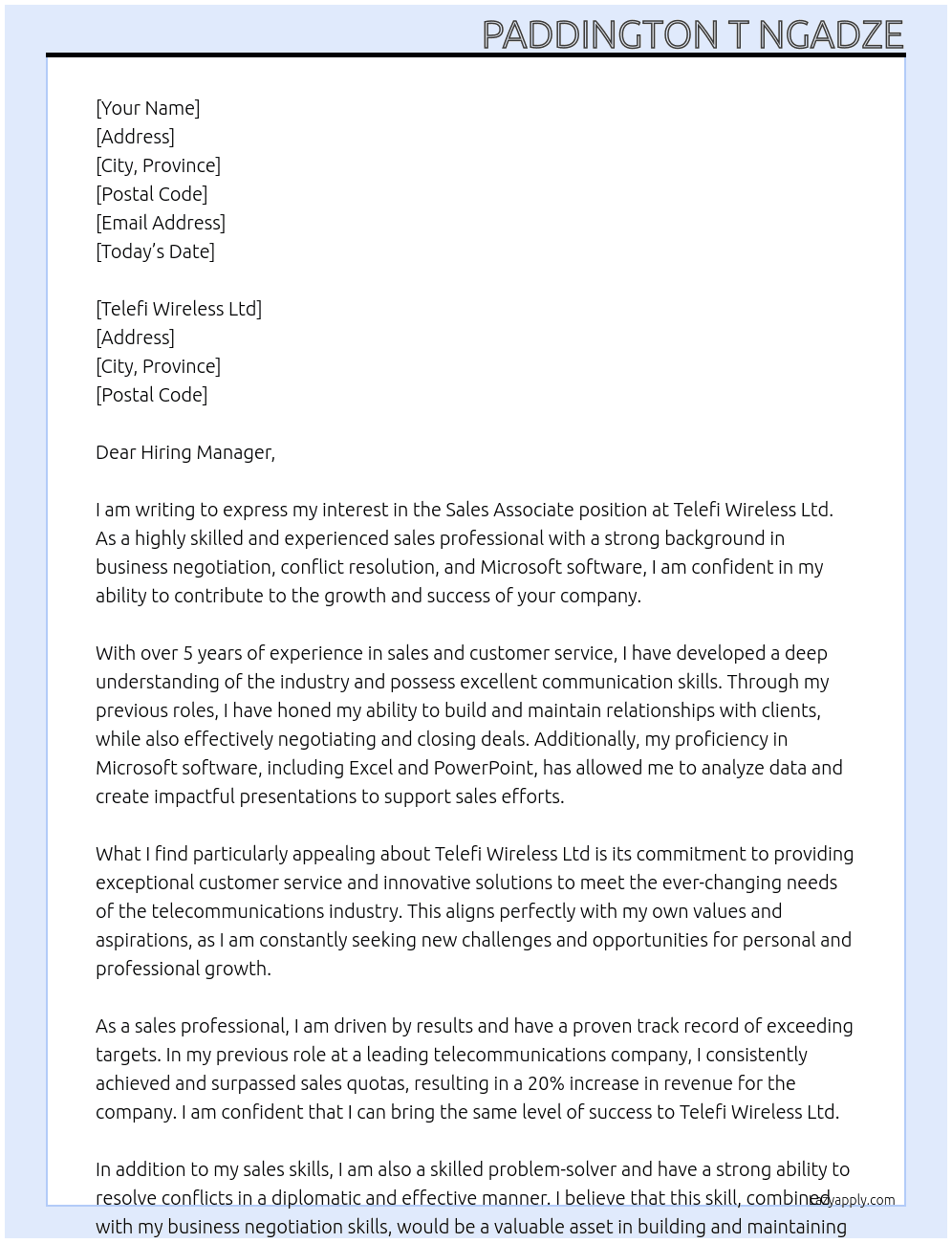 Sales Associate At Telefi Wireless Ltd Cover Letter