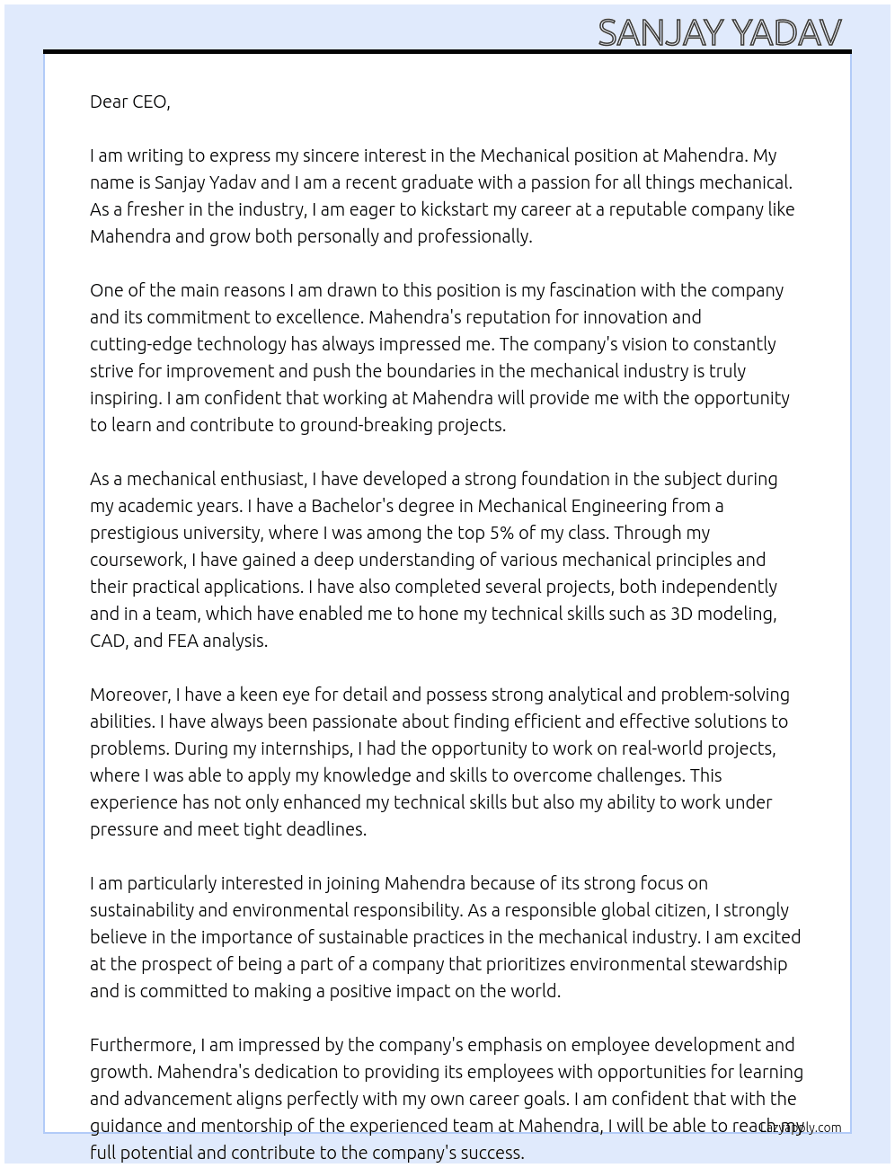 Mechanical  At Mahendra  Cover Letter