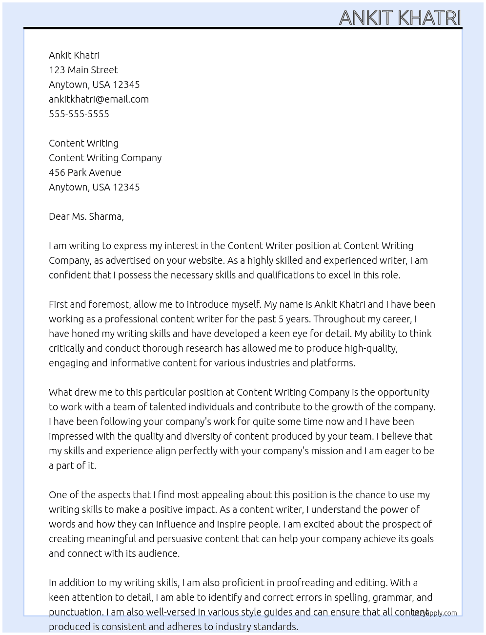 content writer At content writing Cover Letter