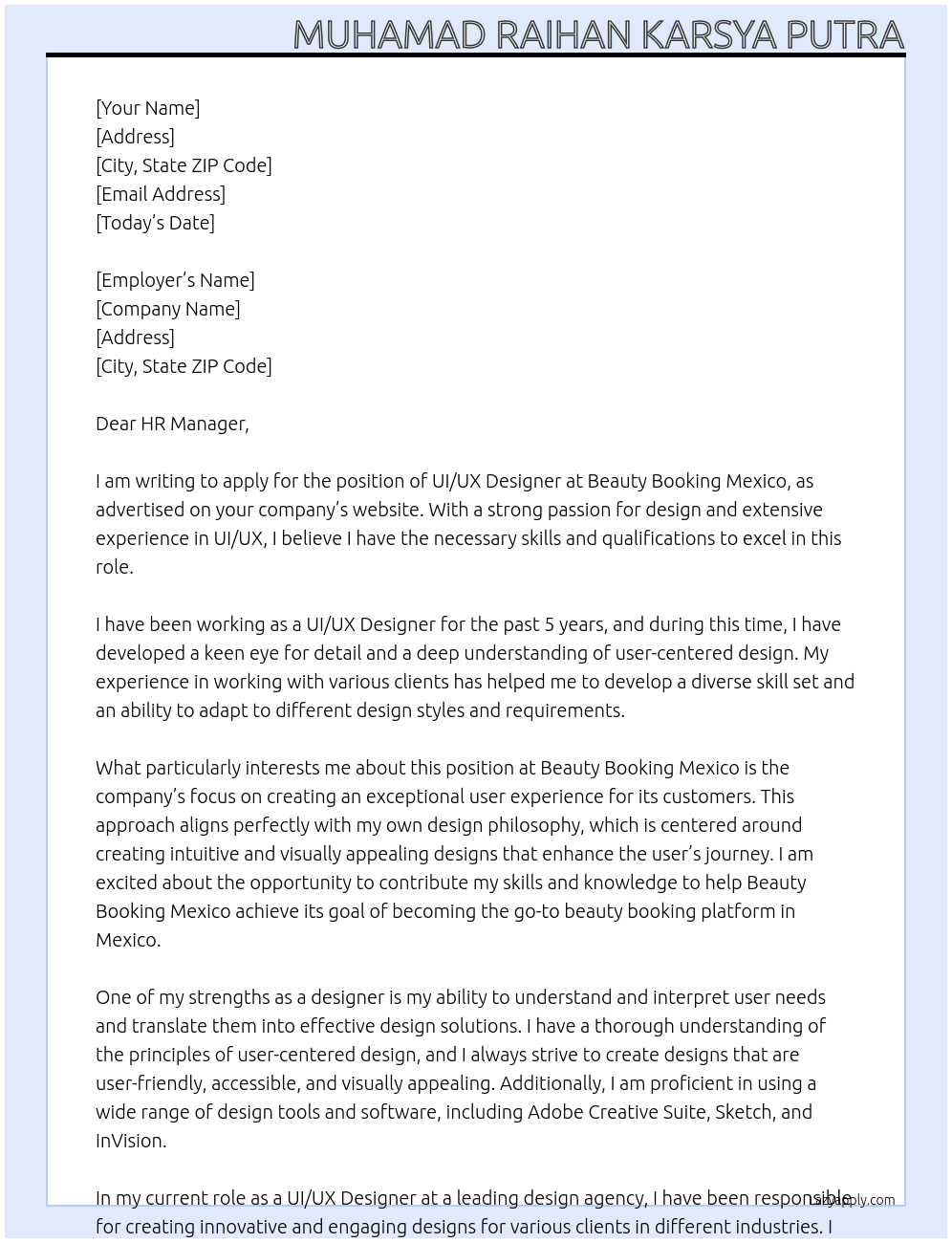 UI/UX Designer At Beauty Booking Mexico Cover Letter