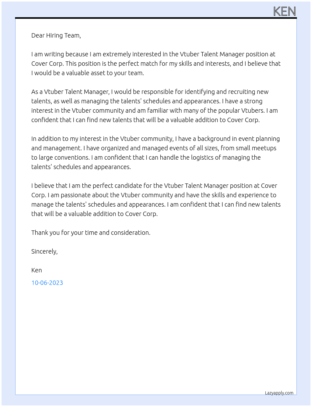 Vtuber Talent Manager At Cover Corp Cover Letter