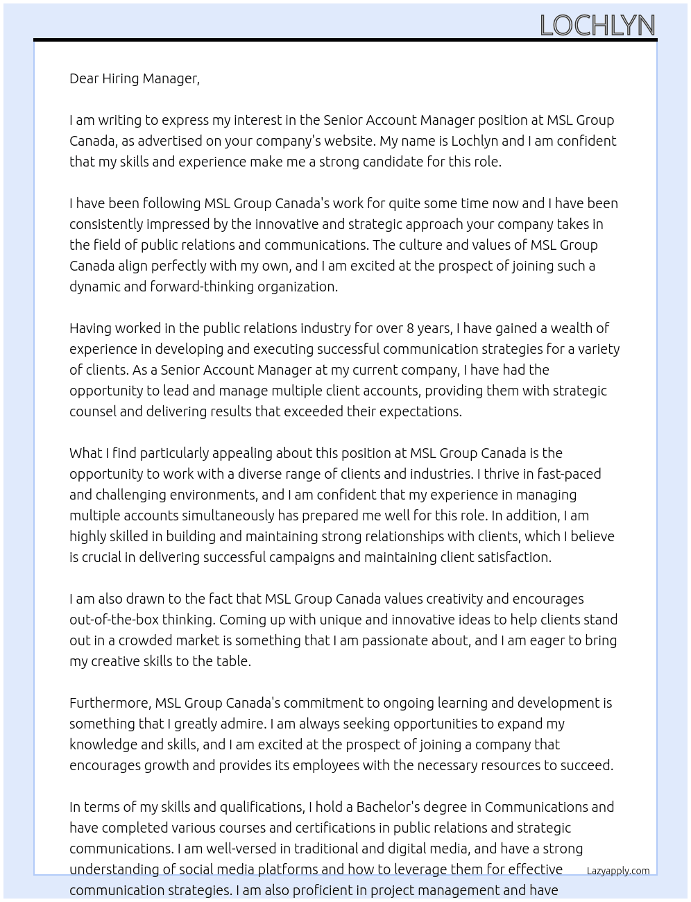 Senior Account Manager At MSL Group Canada Cover Letter
