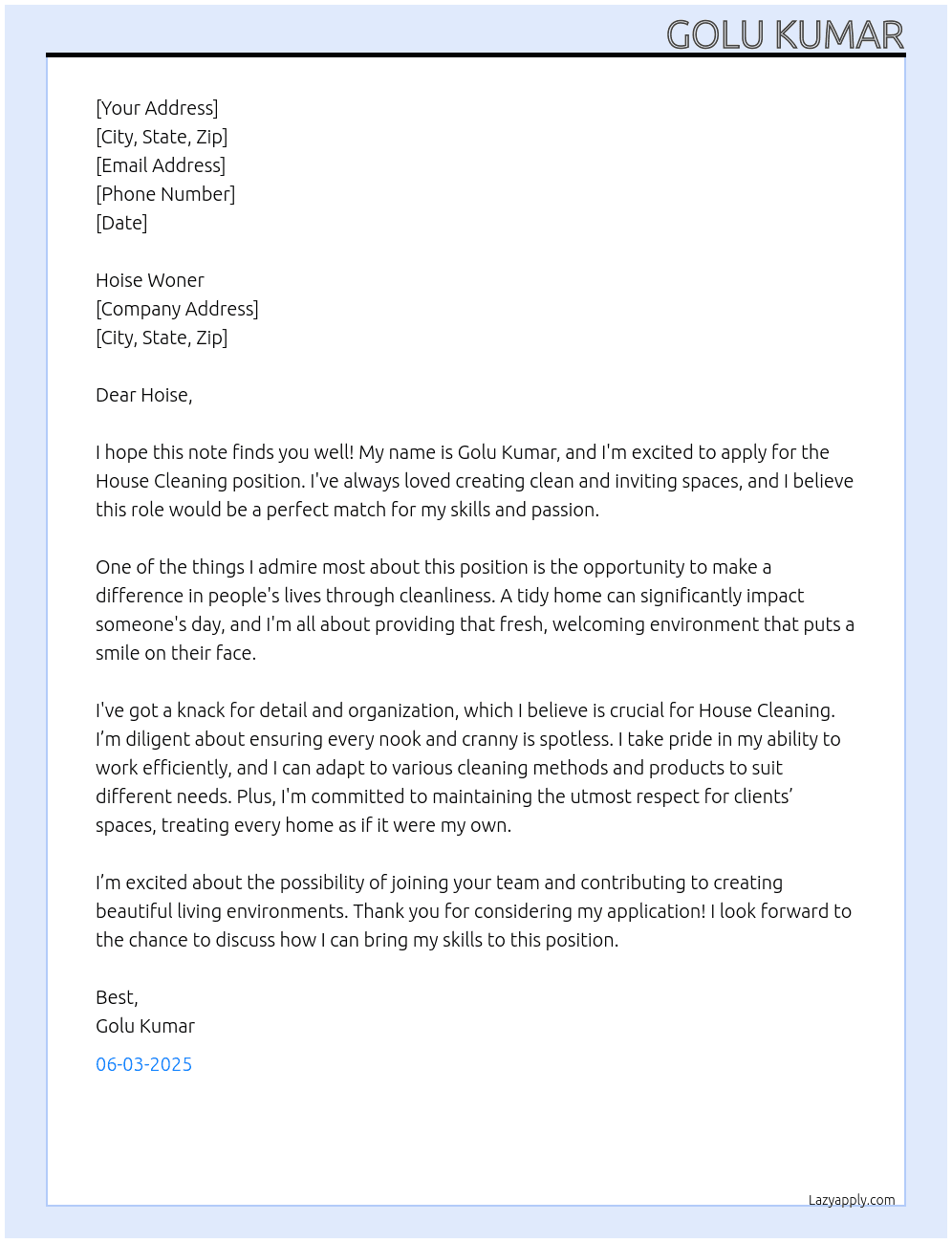 House cleaning  At Non Cover Letter