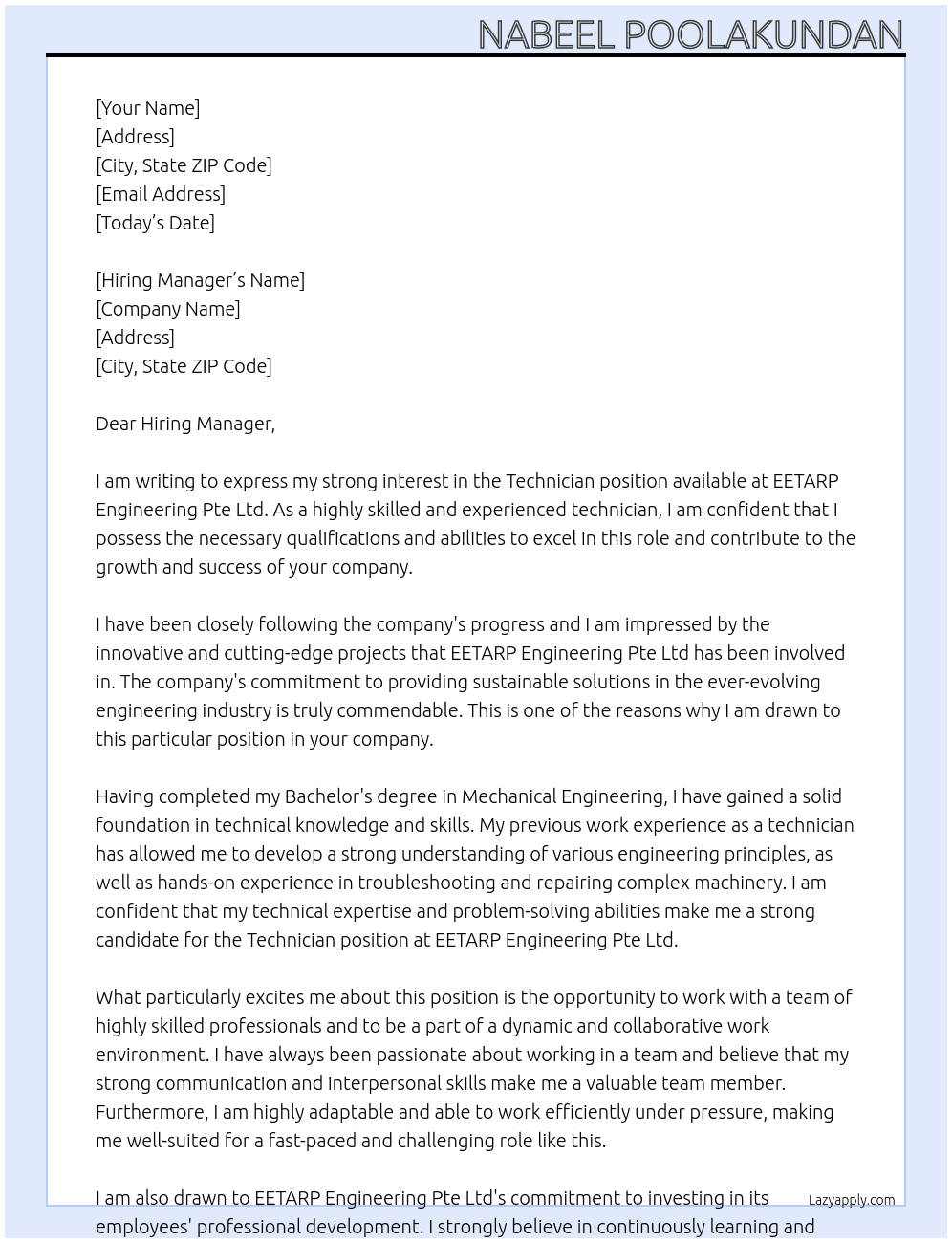 Technician At EETARP Engineering Pte Ltd Cover Letter