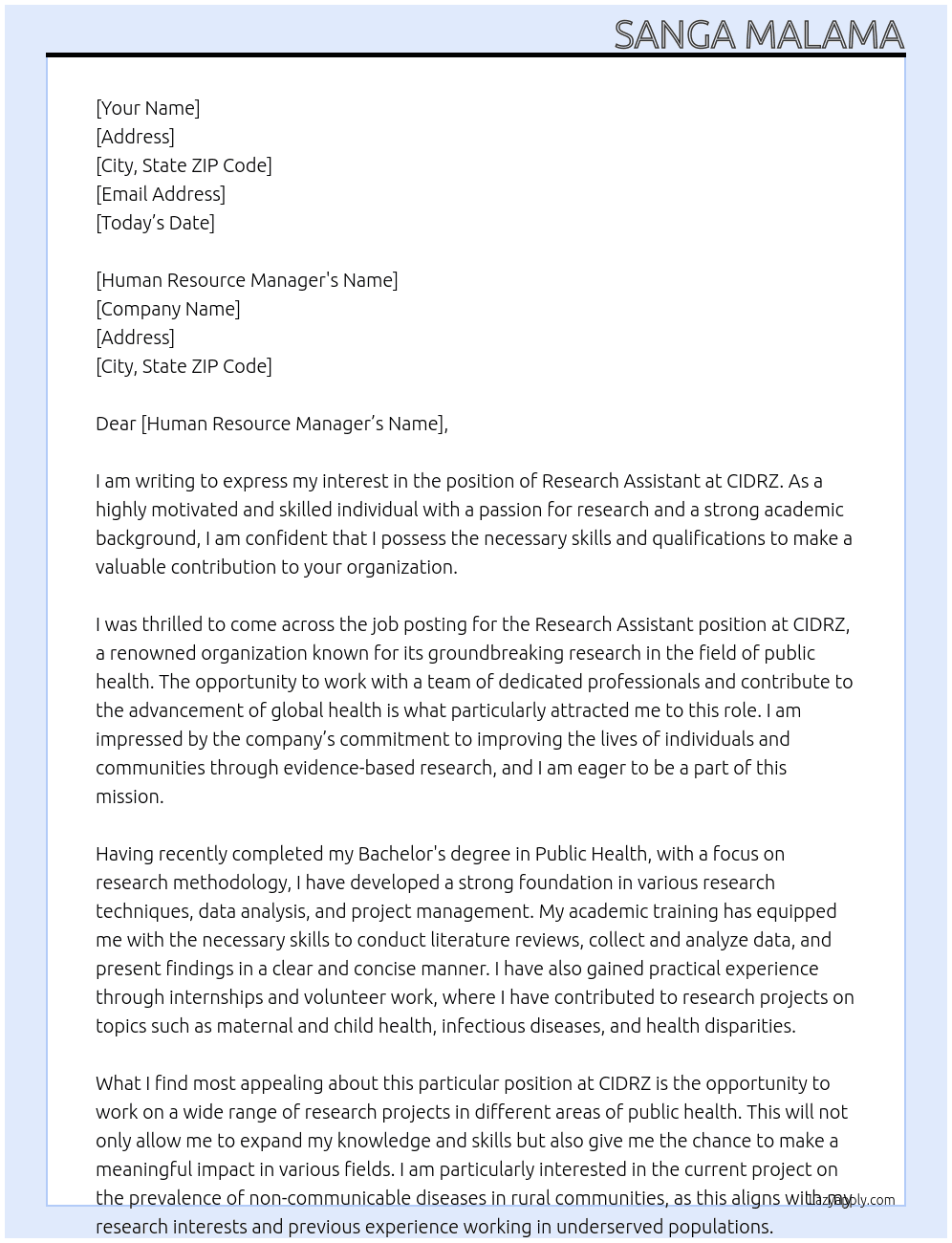 RESEARCH ASSISTANT At CIDRZ Cover Letter