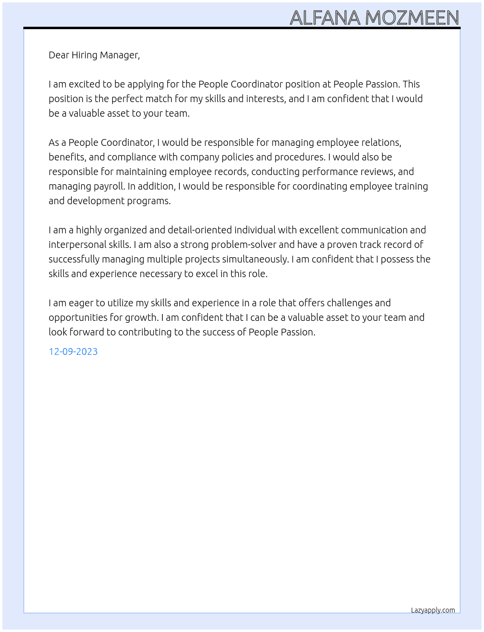 People Coordinator At People Passion Cover Letter