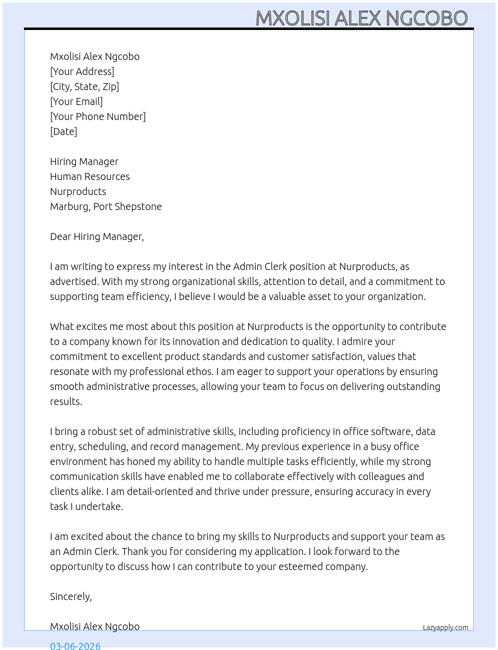 Admin Clerk  At Nurproducts Marburg Port Shepstone  Cover Letter