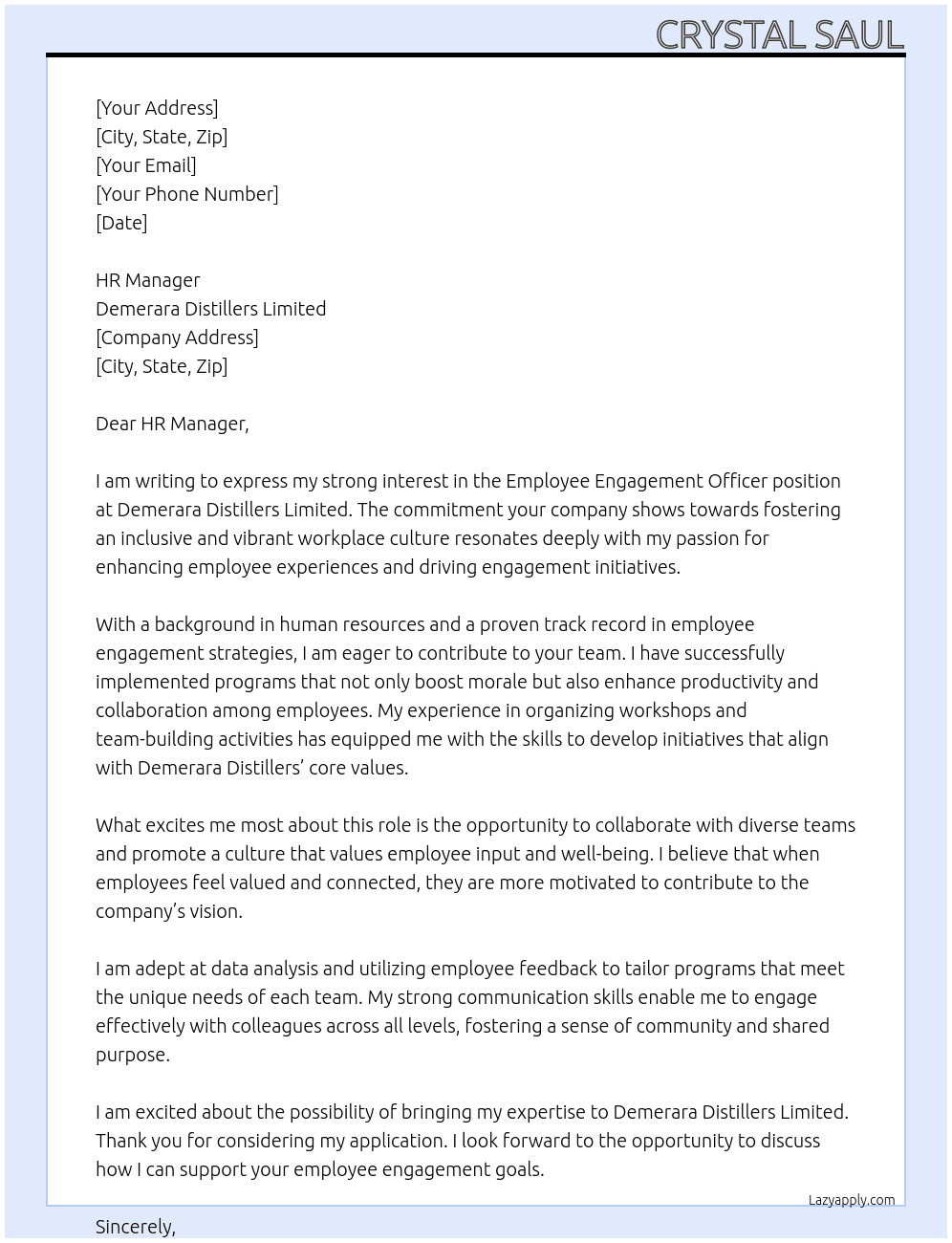 Employees  engagement  Officer  At Demerara Distillers Limiter  Cover Letter