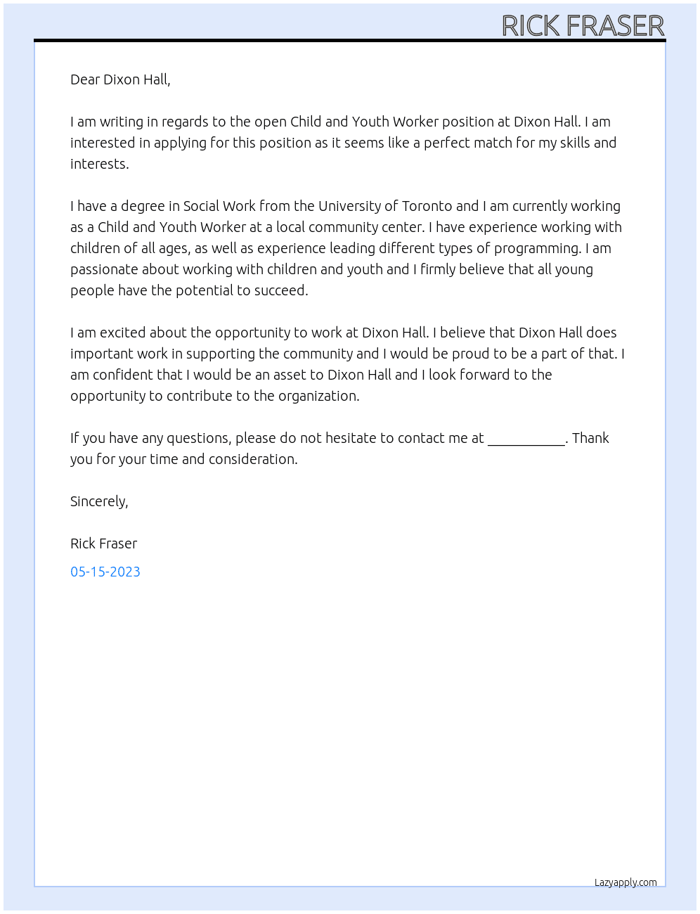 child and youth worker At Dixon Hall Cover Letter