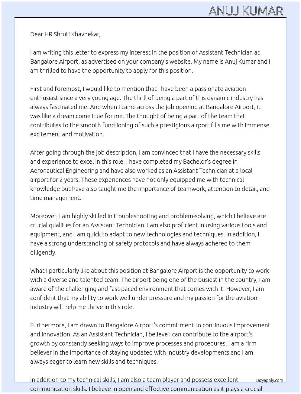 ASSISTENT TECHNICIAN  At BANGALORE AIRPORT  Cover Letter