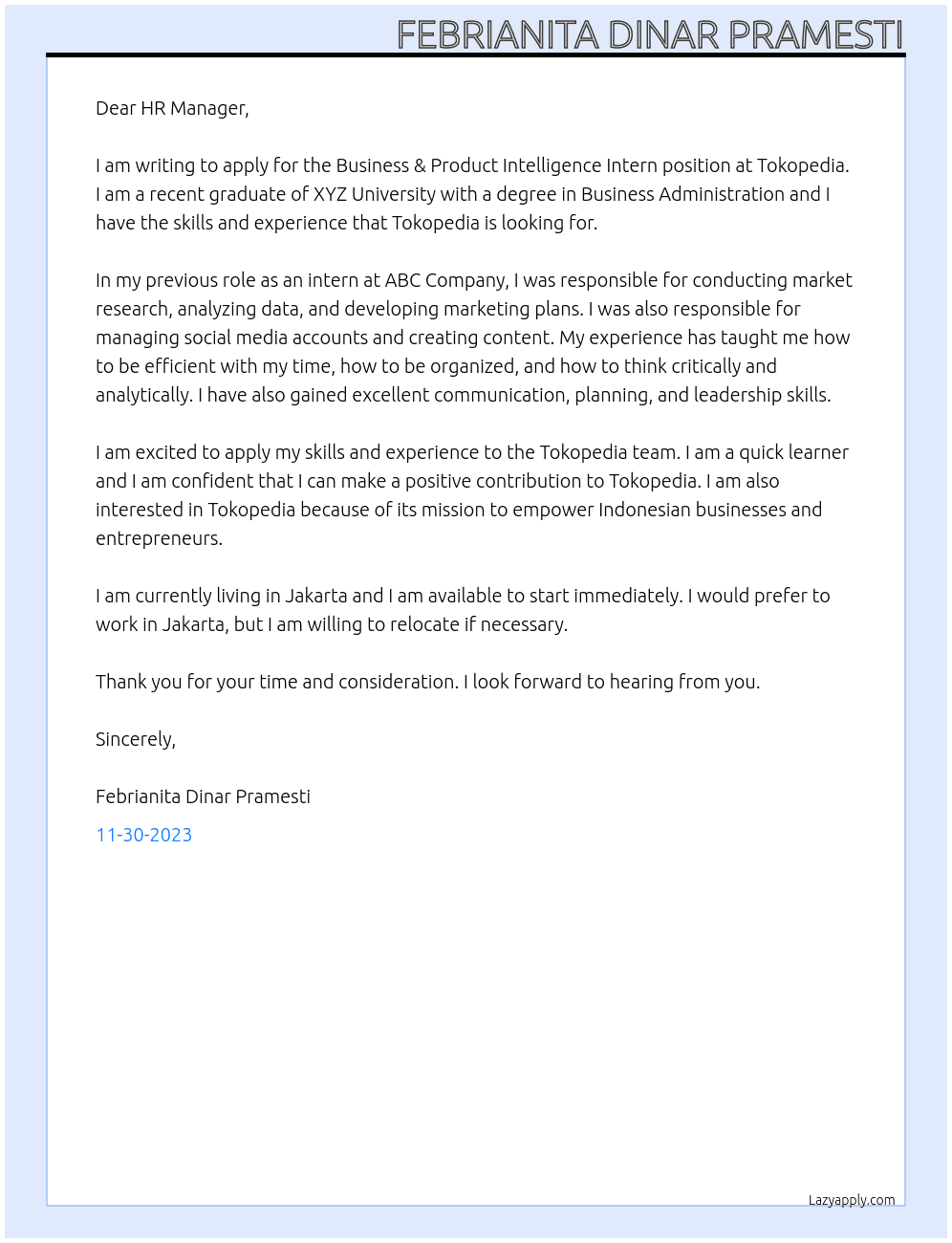 Business & Product Intelligence Intern At Tokopedia Cover Letter