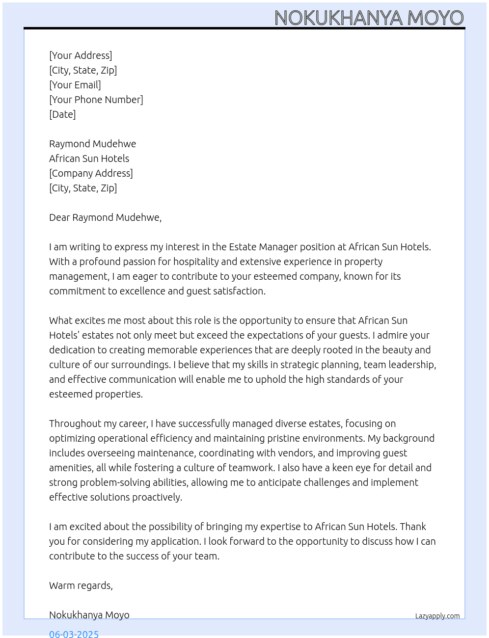 Estate manager At African Sun Hotels Cover Letter