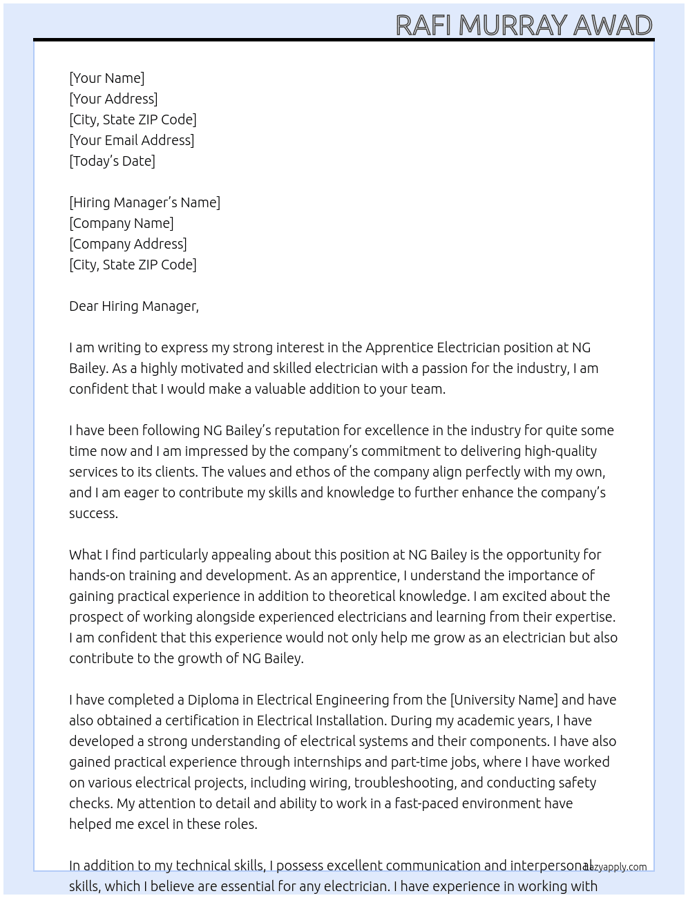 Apprentice Electrician At NG Bailey Cover Letter