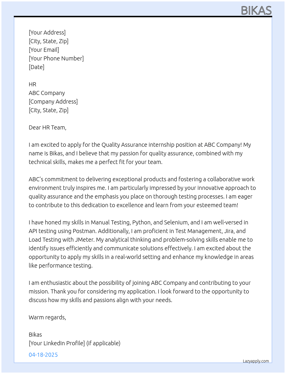 quality assurance At Abc Cover Letter