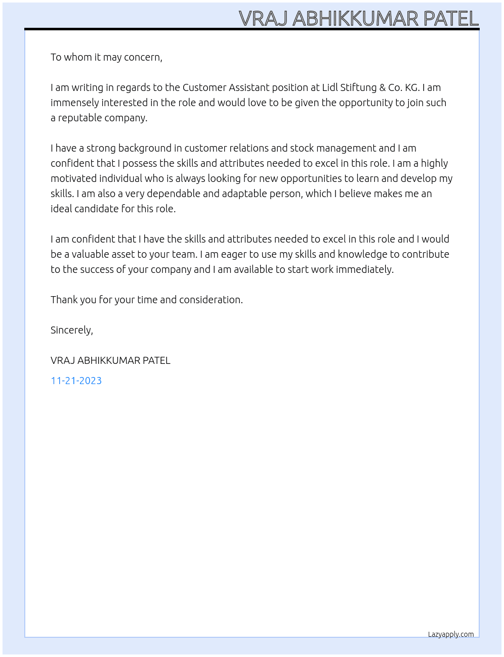 Customer Assistant At Lidl Stiftung & Co. KG, Supermarket Company Cover Letter