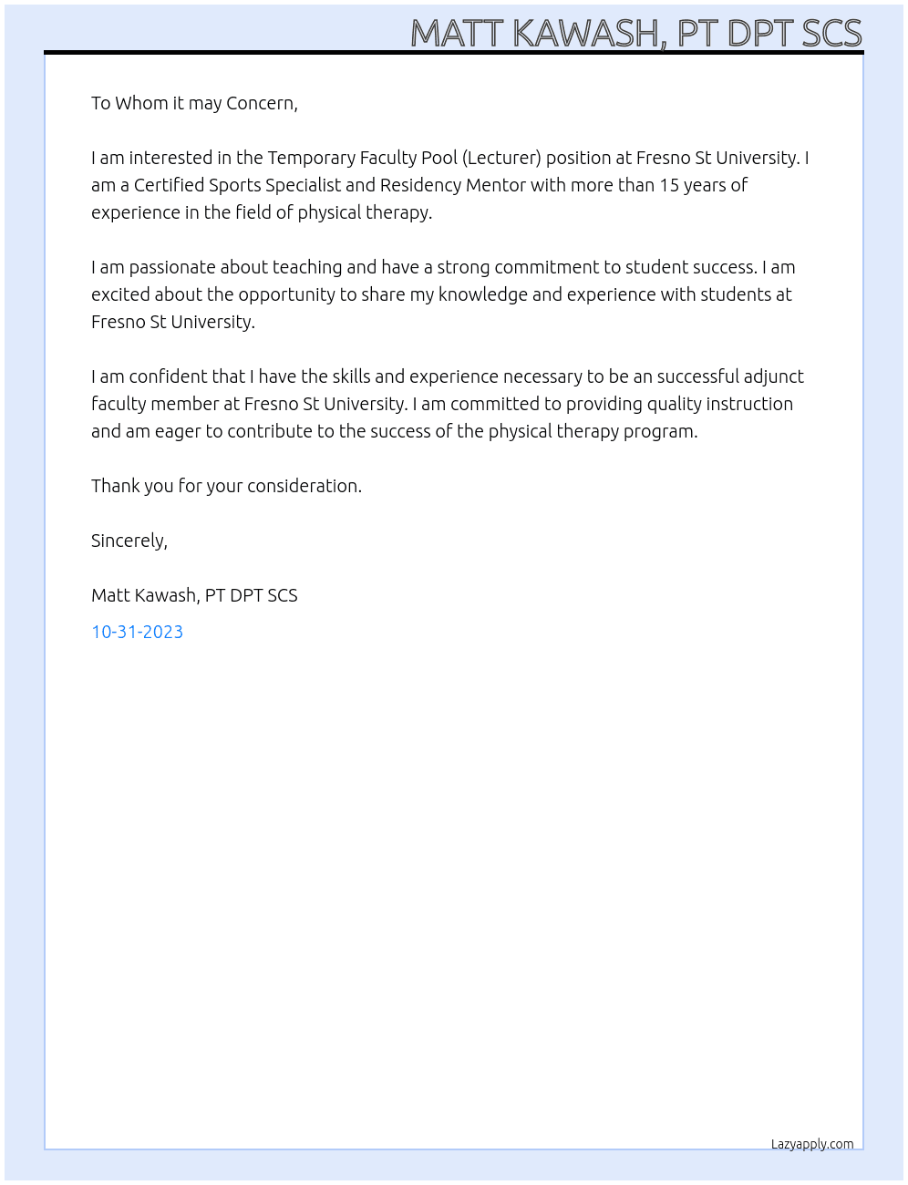 Temporary Faculty Pool (Lecturer) At Fresno St University  Cover Letter