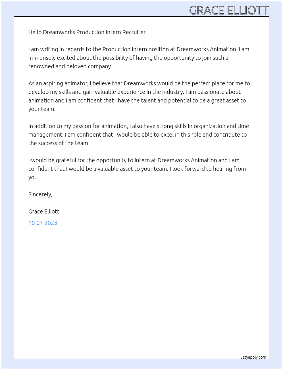 Production Intern At Dreamworks Animation Cover Letter