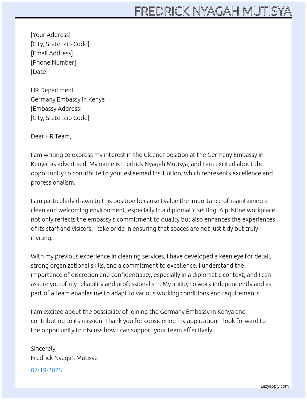 cleaner At germany embersy in kenya Cover Letter