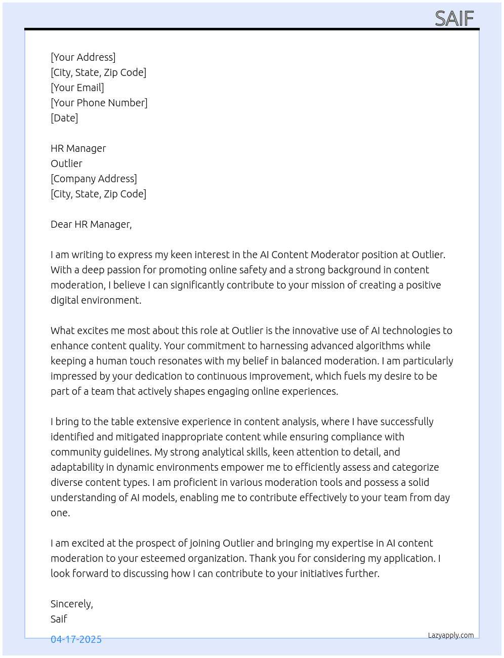 AI Content Moderator At Outlier Cover Letter