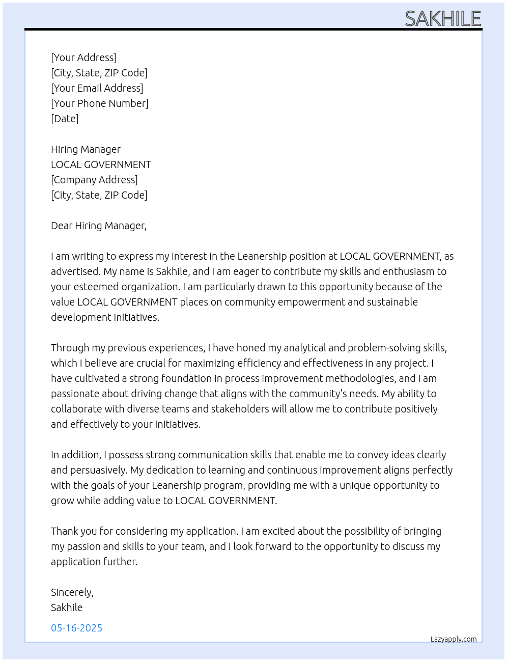 Leanership At LOCAL GOVEMENT Cover Letter