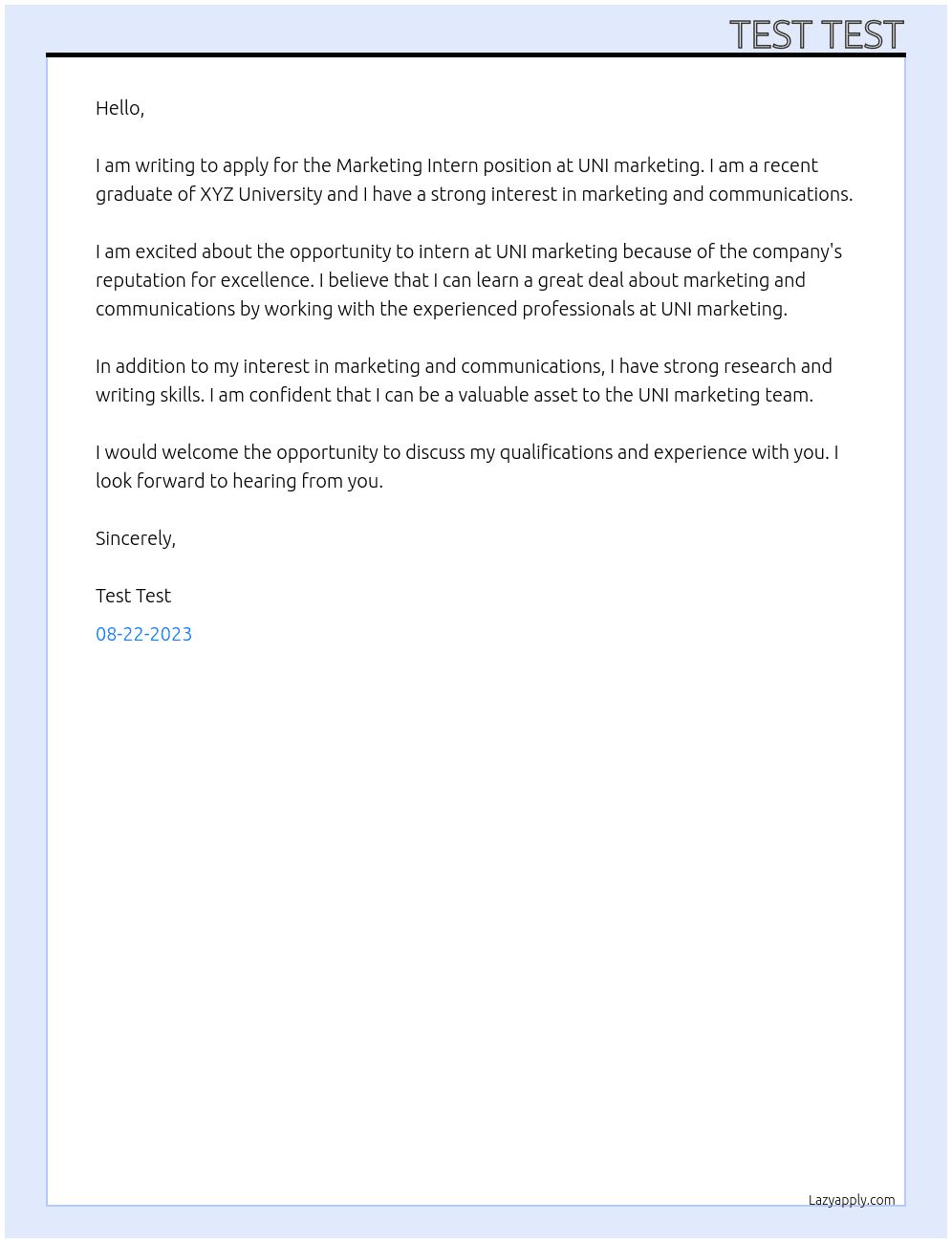 Marketing Intern At UNI marketing Cover Letter