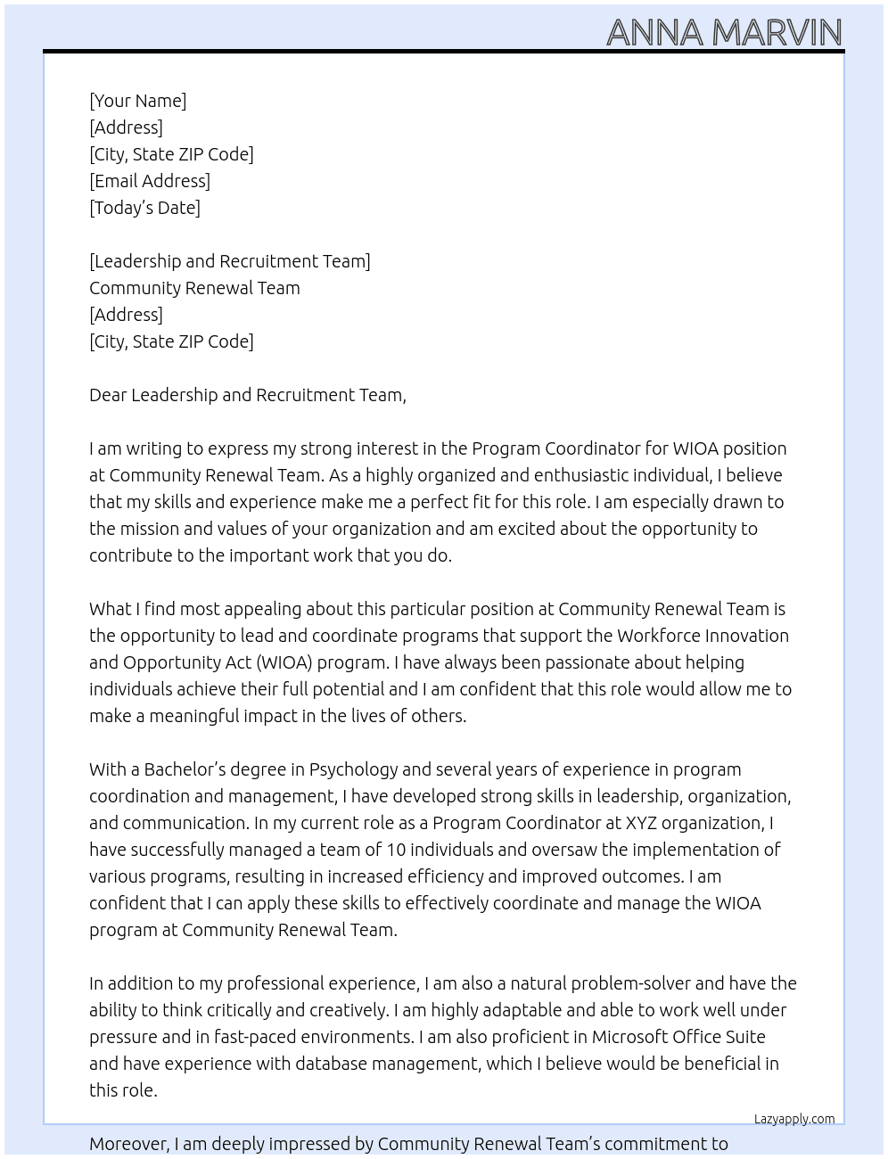 Program Coordinator for WIOA At Community Renewal Team Cover Letter