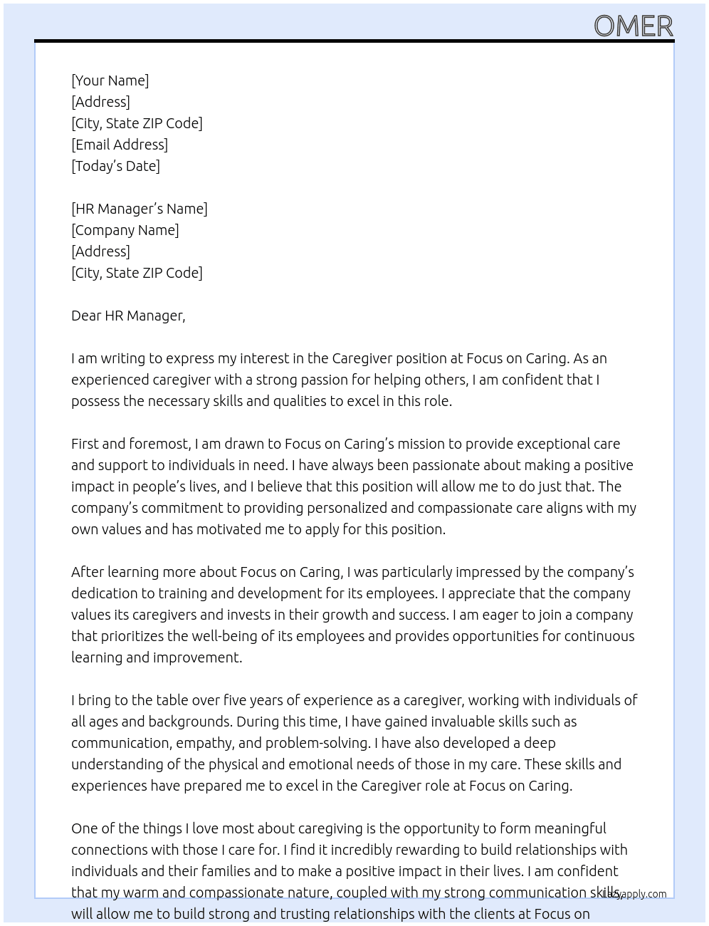 Caregiver At Focus on carig Cover Letter