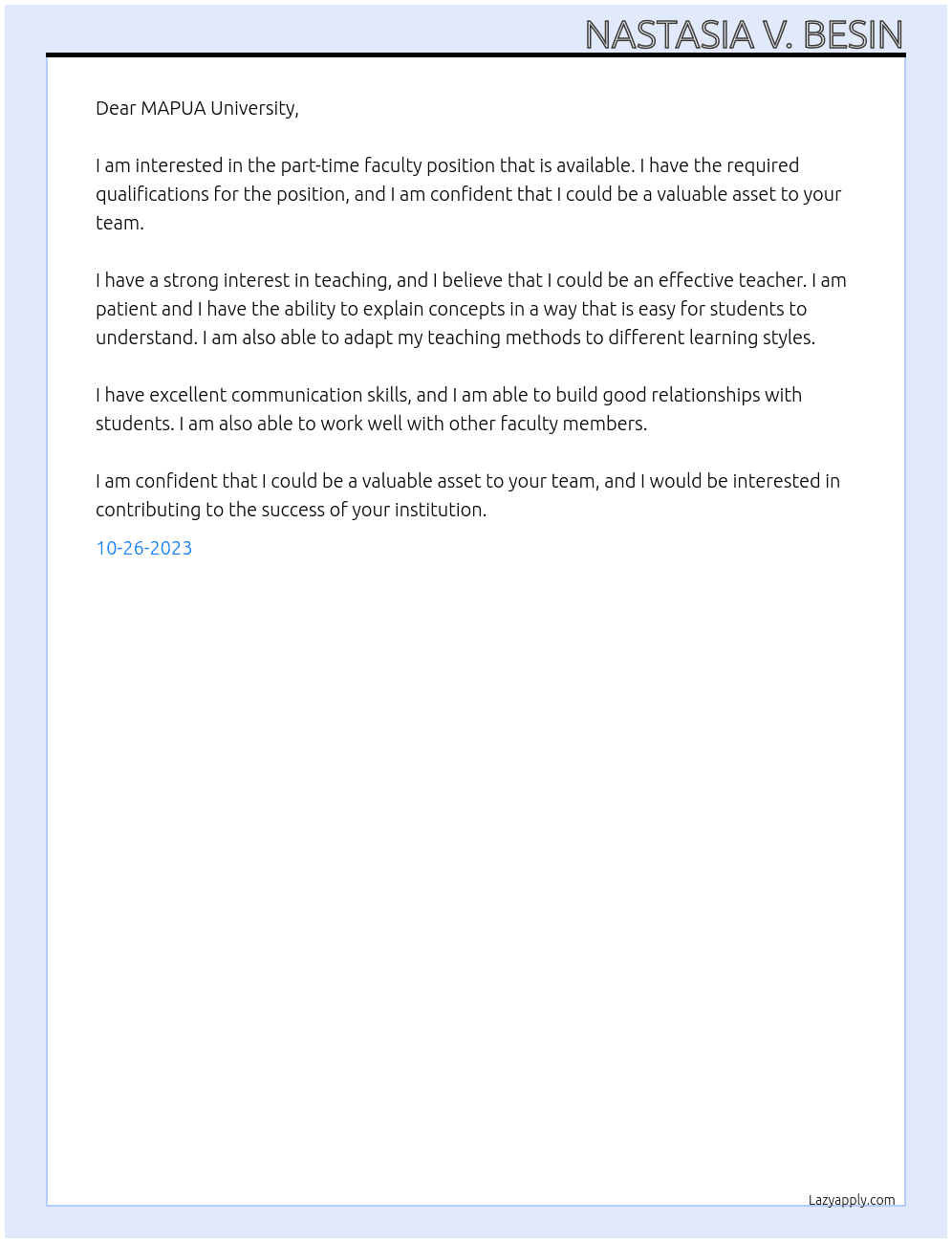 Part Time Faculty At MAPUA University Cover Letter