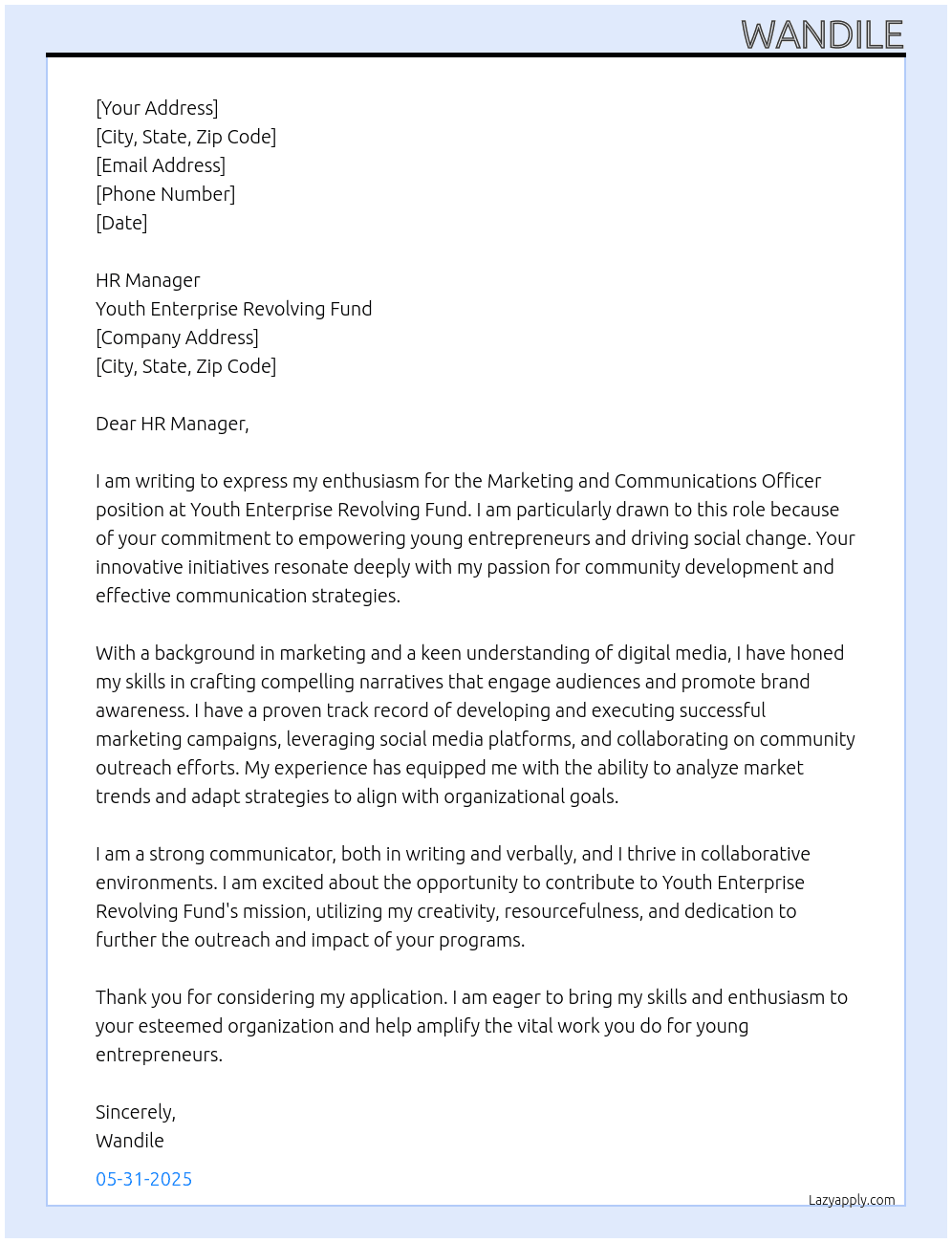 marketing and communications officer At Youth Enterprise Revolving Fund Cover Letter