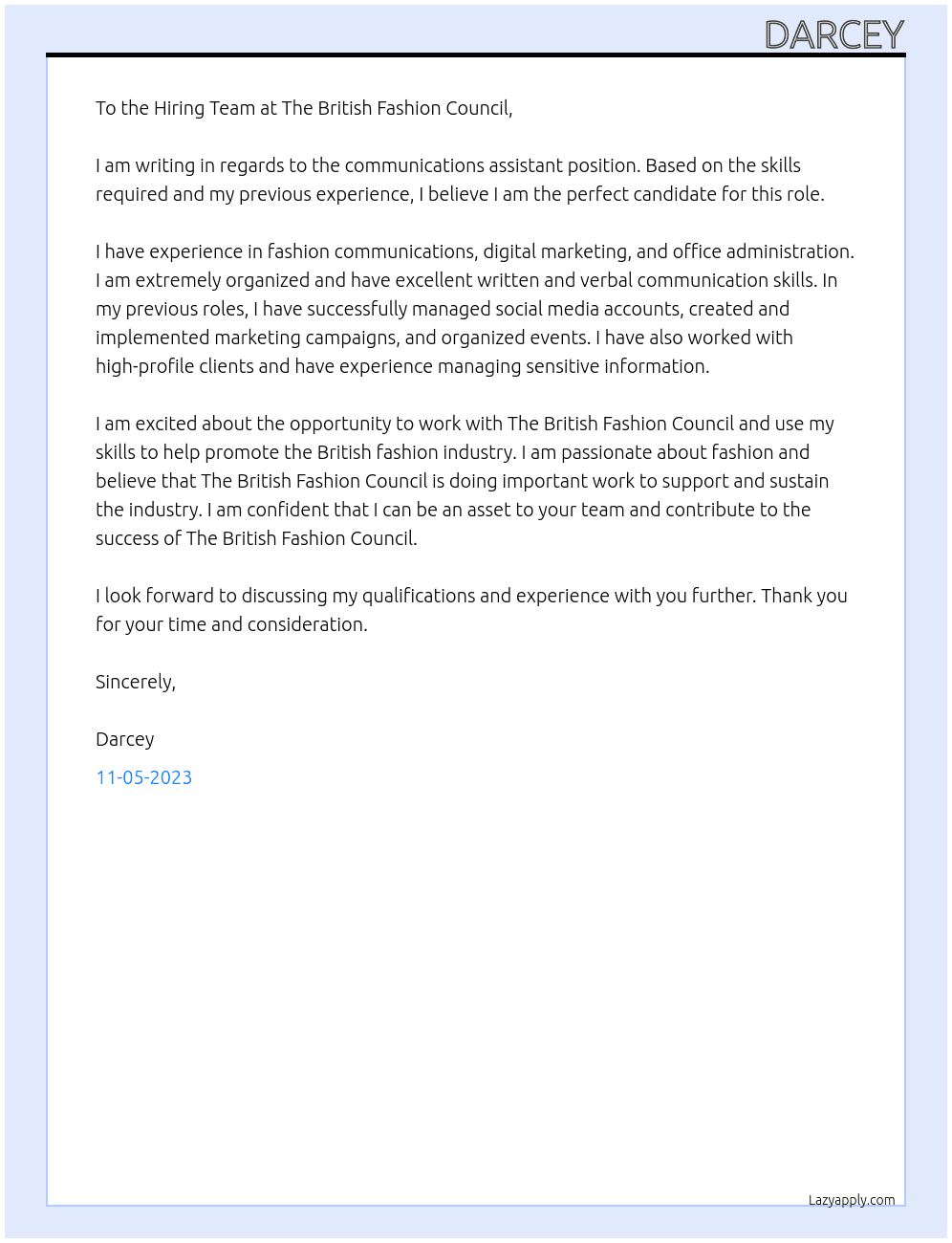 Communications assistant At The British Fashion Council Cover Letter
