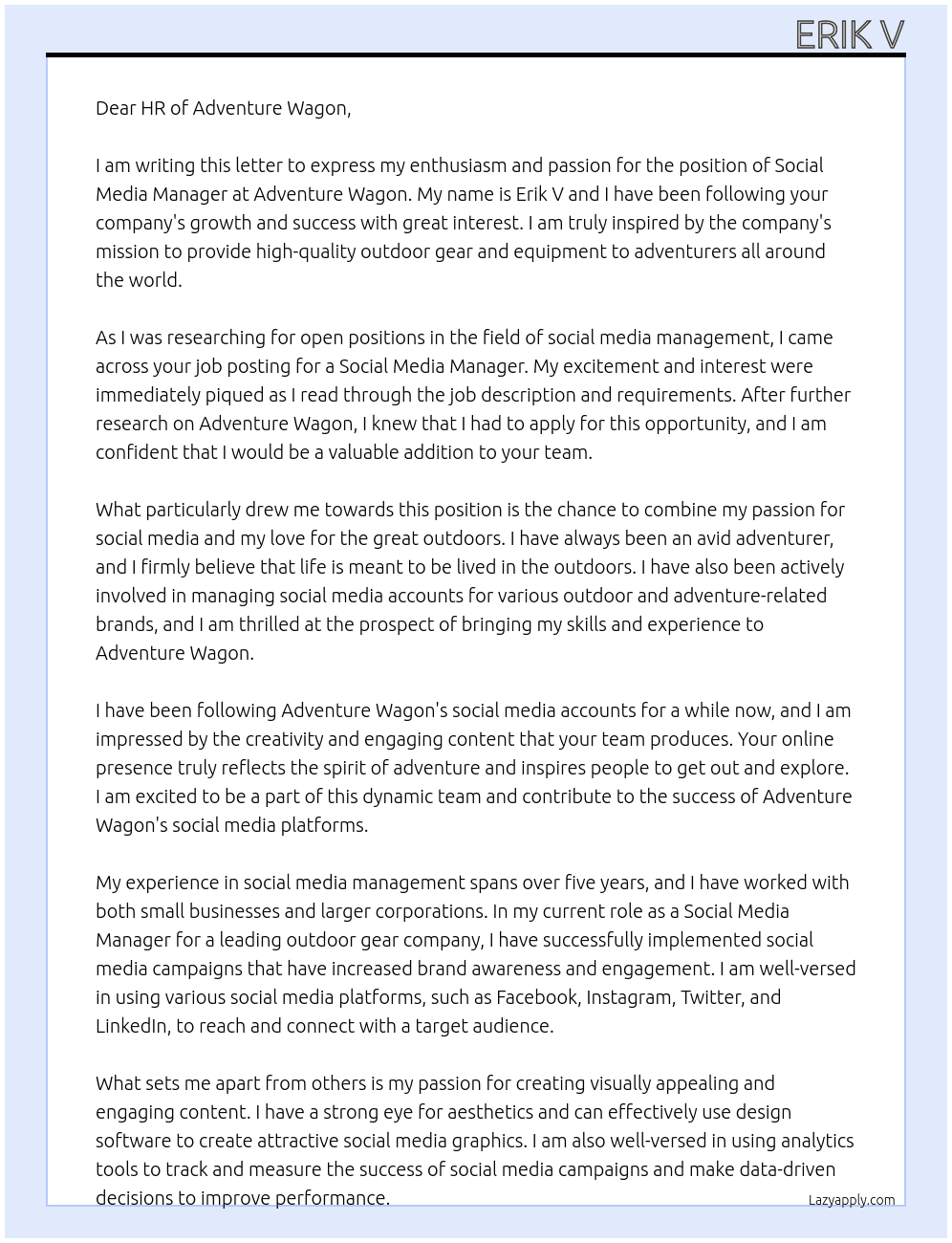 Social Media Manager At adventure wagon Cover Letter