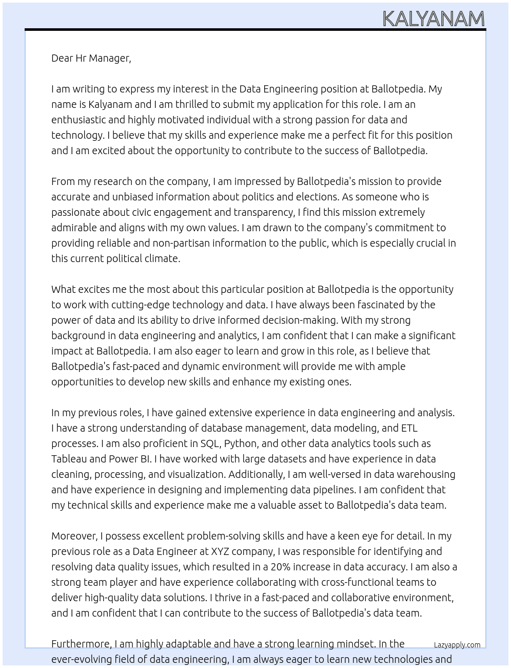 Data Enginnering At Ballotpedia Cover Letter