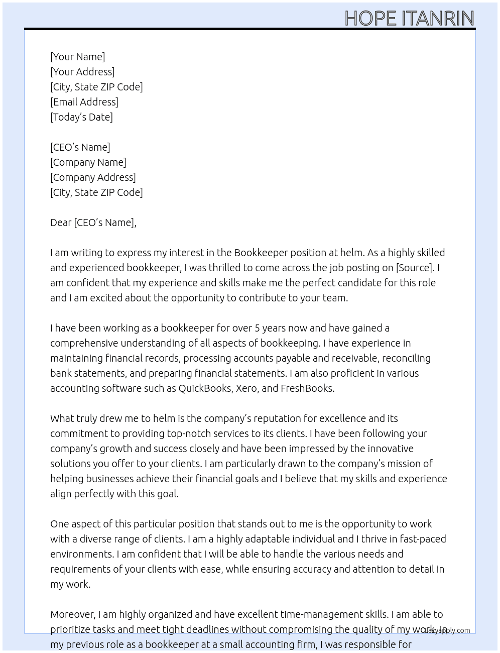 Bookkeeper At helm Cover Letter